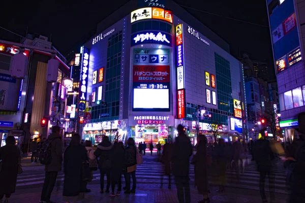 A night neon downtown street in Shinbashi Tokyo wide shot — Stock Photo, Image