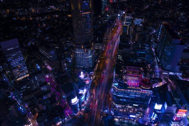 Shibuya Tokyo 'da neon bir kasaba. Yüksek açı geniş açı.