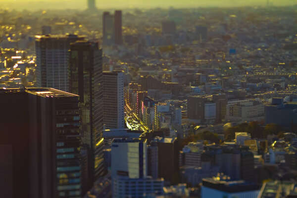 A sunset miniature urban cityscape high angle tiltshift. Shibuya district Tokyo / Japan - 12.03.2019