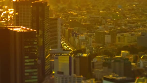 Een zonsondergang timelapse van miniature stedelijk stadsbeeld in Tokio hoge hoek tiltshift zoom — Stockvideo