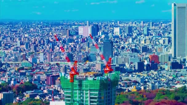 Un timelapse de grúas en movimiento en la parte superior del edificio en Tokio gran inclinación ángulo largo — Vídeo de stock