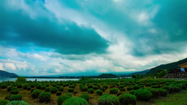 Un lapso de tiempo de cielo nublado cerca del lago Kawaguchi panorámica de plano diurno — Vídeo de stock