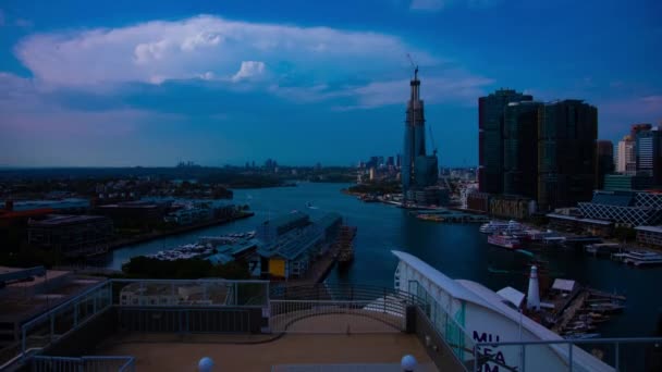 A timelapse of panoramic bayarea at Darling harbour in Sydney high angle wide shot tilt — Stock Video