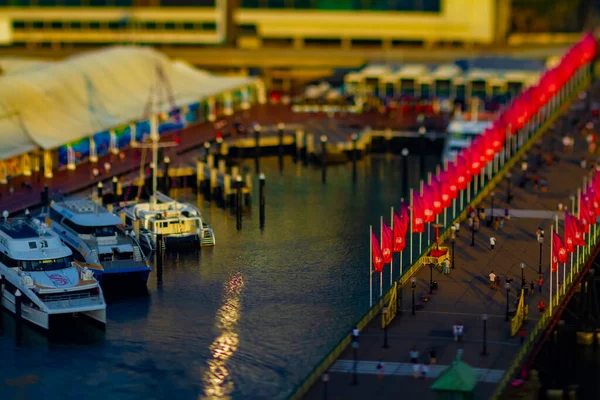 En skymning miniatyr Bay område vid Darling hamn i Sydney hög vinkel tiltshift — Stockfoto