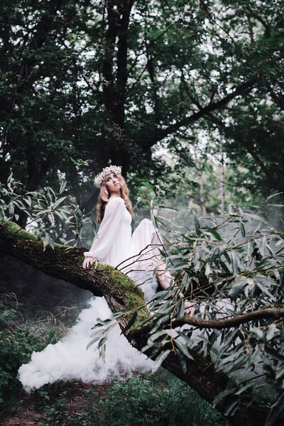 Beautiful girl in a white dress in a dark forest. On her head is a wreath of white flowers. It sits on a log, and behind it fogs up.