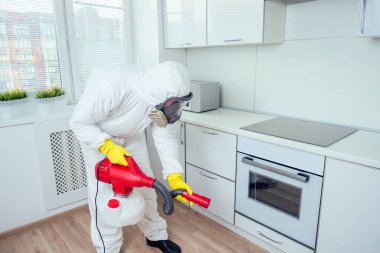 Beyaz İşçi indüksiyon hob üzerine böcek ilacı sıkıyor.