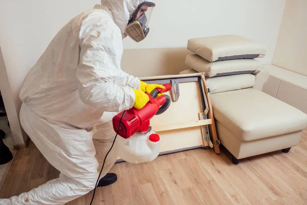 Lavoratore disinfestante in uniforme spruzzando pesticidi sotto il divano in salotto — Foto Stock