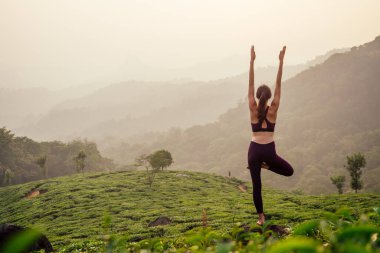Menekşe kumaşlı kadın Munnar Hill Kerala Hindistan 'daki çay tarlalarında yoga yapıyor.