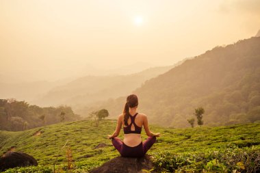 Menekşe kumaşlı kadın Munnar Hill Kerala Hindistan 'daki çay tarlalarında yoga yapıyor.