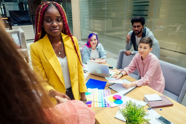 Successful job interview with african american boss and employee handshaking — Stock Photo, Image