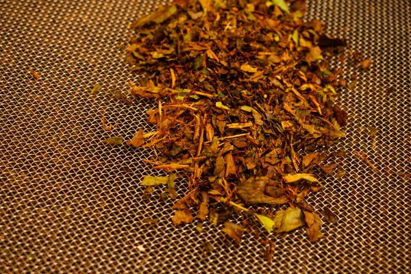 Szárított tealevelek. Gyártósor belül teagyár Indiában Munnar — Stock Fotó