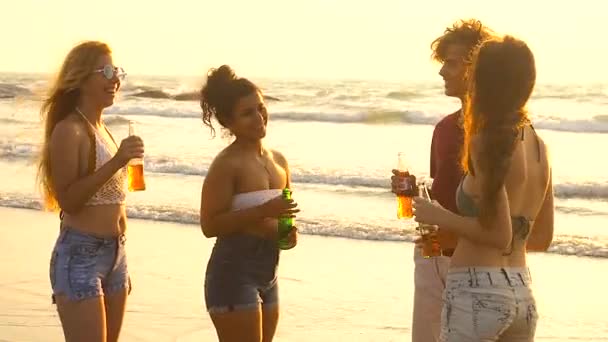 Quatro amigos internacionais que se encontram na praia conversando e se divertindo ao pôr do sol — Vídeo de Stock