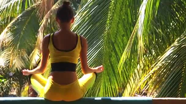 Young woman doing yoga breathing pose outside in natural environment — Stock Video