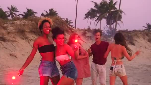 Multi races groupe de jeunes au camping tenant feux d'artifice scintillants feu de camp la nuit et la danse — Video