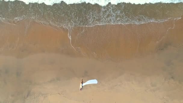 Légi drón kilátás fiatal nő a tengerparton felső felett — Stock videók