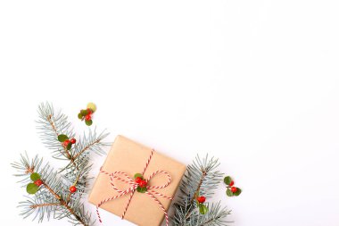 Noel kompozisyon. Noel hediyesi, çam dal ve kırmızı meyveler. Üstten Görünüm, düz yatıyordu, kopya alanı.