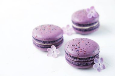 Macaron veya acıbadem kurabiyesi Fransız coockie beyaz dokulu arka plan bahar ile lila çiçekler, pastel renkler. 