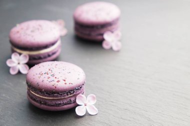 Macaron veya acıbadem kurabiyesi Fransız coockie beyaz dokulu arka plan bahar ile lila çiçekler, pastel renkler. 