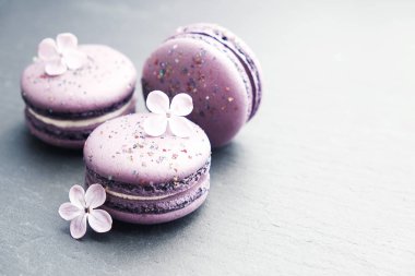 Bademli kurabiye, Fransızca macaroons veya macaron bahar sakura çiçekleri ile farklı türleri. Renkli kurabiye. Gıda arka plan. Metin alanı.
