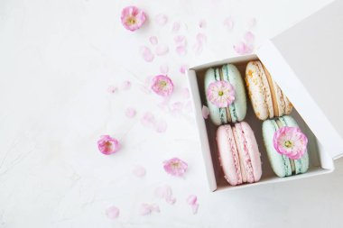 Macaron veya acıbadem kurabiyesi Fransız coockie beyaz dokulu arka plan bahar ile lila çiçekler, pastel renkler. 
