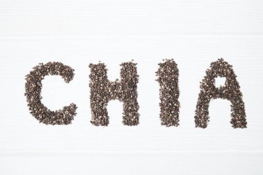 Chia tohum. Chia tohumlarından yapılan chia kelime.