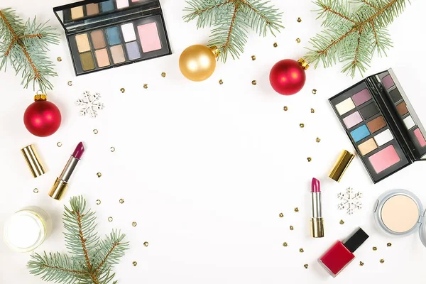 Make up set cosmetic with christmas decoration on white background flat lay — Stock Photo, Image