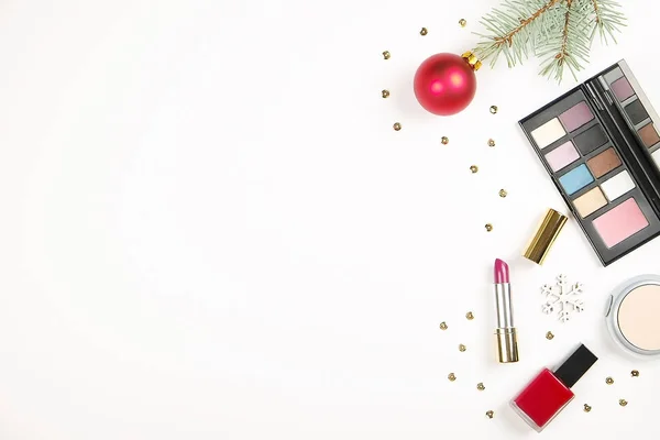 Make up set cosmetic with christmas decoration on white background flat lay — Stock Photo, Image