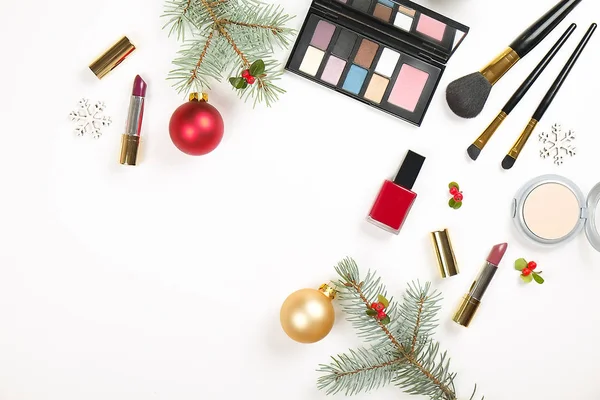 Make up set cosmetic with christmas decoration on white background flat lay — Stock Photo, Image