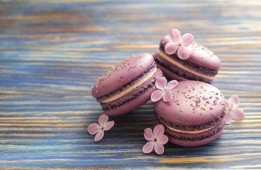   Bilberry macaroons. Mor macaroons. Kavram acıbadem kurabiyesi arka plan. Mavi koyu ahşap bankamatik üzerinde mor macaroons.