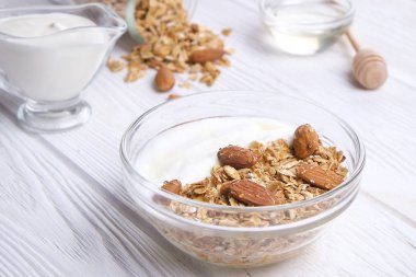Yunan yoğurt ve karışık Kuruyemiş ile cam kase. Zengin diyet sağlıklı spor vejetaryen protein, ev yapımı granola kahvaltı süt, bal, badem, kaju fıstığı, fındık, yulaf ezmesi. Üst ön görünüm, arka plan