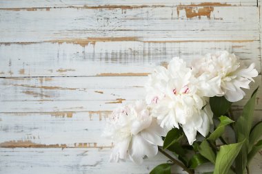 İhale ve yumuşak beyaz peonies çizilmiş ahşap dokulu masa üzerinde.