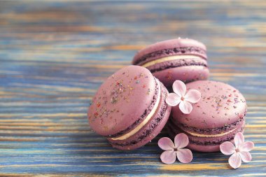 Fransız yaban mersini macarons buiscits whith çiçek ahşap arka plan üzerinde