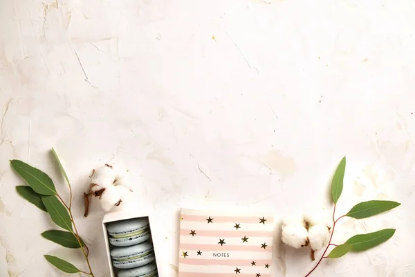 Buiscits de postre de macarrones arándanos franceses sobre fondo texturizado rosa blanco de madera — Foto de Stock