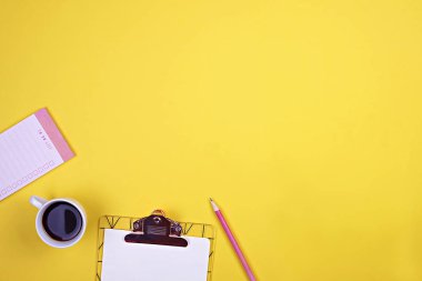 Set of school supplies with plain pencil pen, blank to do list notebook sheets, empty check box. Writer's workspace attributes, teacher's tabletop, hipster, girly, minimalistic flat lay composition.