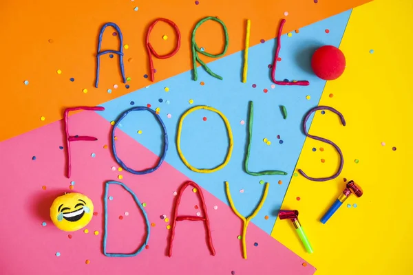 Funny font first april fools day written in plastecine of different colors. — Stock Photo, Image
