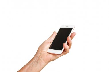 Üst düzey kadın hareketi dil, düz beyaz arka plan üzerinde izole işareti eller. Yaşlı kadın onun yetmişli / silah ön kolda gösterilen 80'ler.