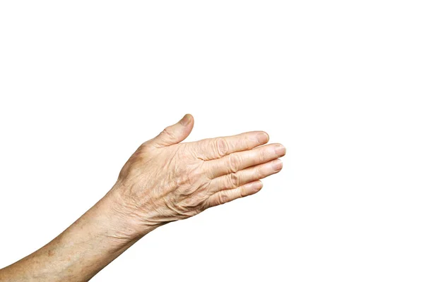 Lenguaje femenino de gestos mayores, signos de manos aisladas sobre fondo blanco sólido. Mujer de 70 / 80 años mostrando los antebrazos de los brazos . —  Fotos de Stock