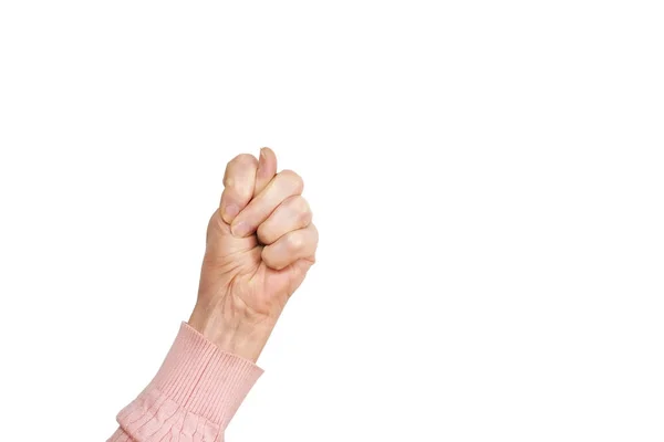 Senior vrouwelijke gebaar taal, handen tekenen geïsoleerd op een effen witte achtergrond. Oude vrouw in haar jaren zeventig / tachtig tonen wapens onderarmen. — Stockfoto
