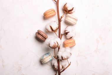 Geleneksel Fransız badem karamelli çikolata kızılcık macarons tatlı bisküvi tepside beyaz gri beton dokulu arka plan masa üstü. Lezzetli ama sağlıksız gıda.