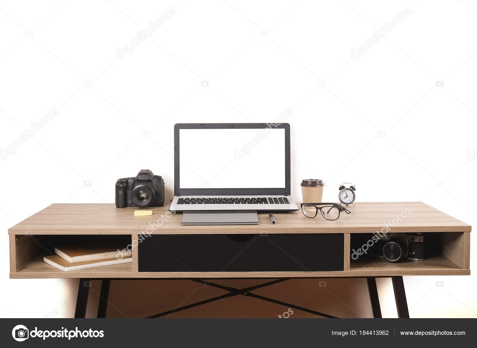 Photo Blogger Photographer It Specialist S Typical Office Space Photo Blogger Photographer It Specialist S Typical Office Space Table With Laptop Blank Screen