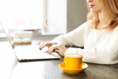 Modern çatı kafe kafe Restoran çekici hipster genç kadın. Yazar, blogger, tasarımcı, serbest meslek, uzaktan çalışma süreci. E-alışveriş, online alışveriş, m-alışveriş.