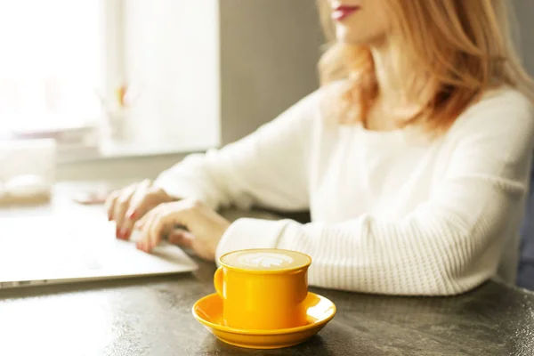 Atractiva joven hipster en la cafetería moderna loft restaurante. Escritor, blogger, diseñador, freelancer, proceso de trabajo remoto. E-shopping, compras en línea, m-shopping . — Foto de Stock