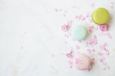 Geleneksel Fransız yaban mersini çilek kızılcık bademli kurabiye tatlı bisküvi beyaz gri beton dokulu arka plan masa üstü güzel çiçek düzenleme ile. Lezzetli ama sağlıksız gıda.