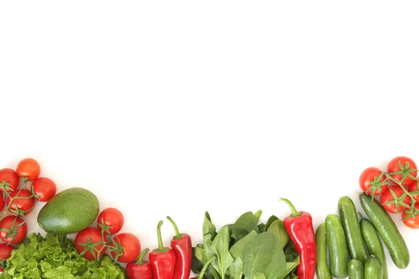 Bella composizione laica piatta con diversi tipi di frutta fresca mista, verdure ed erbe assortimento su sfondo bianco tavolo superiore, luce studio, spazio copia, vista dall'alto . — Foto Stock