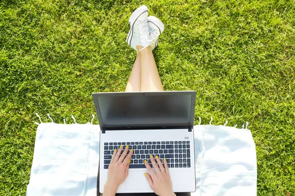 Estudiante universitaria sentada en el césped verde haciendo la tarea en su computadora portátil. Mujer joven sentada en el parque blogueando, escribiendo artículo, eshopping, red social en su computadora portátil. espacio de copia . —  Fotos de Stock