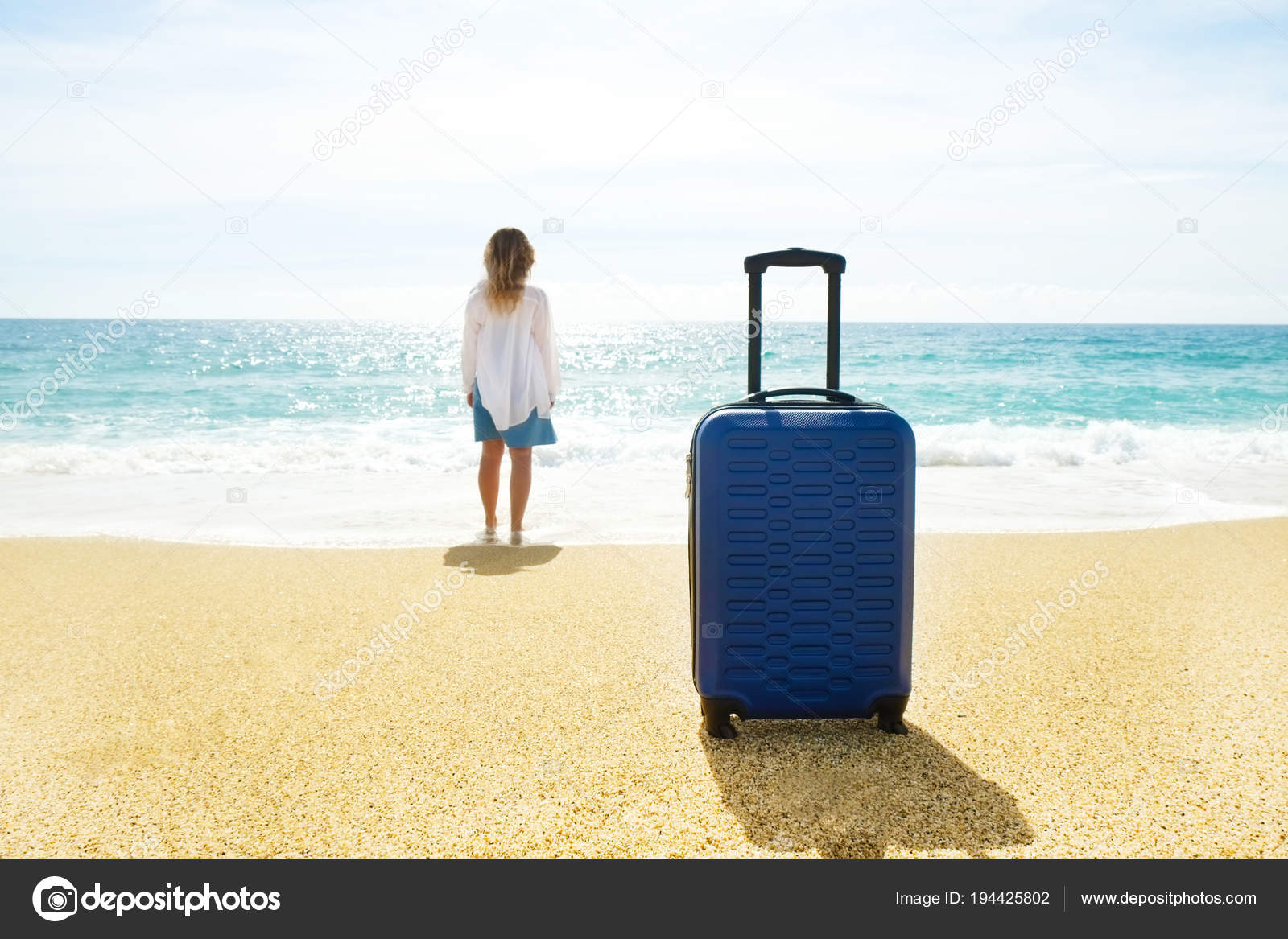 Hipster Young Woman On Vacation In Denim Dress White Cotton Shirt