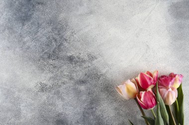 Dokulu masa arkasında bir demet bahar çiçeği ve metin için bir sürü kopya alanı. Üst görünüm, kapat, düz konum.