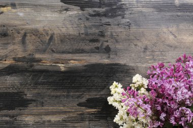 Minimum klasik çiçek kompozisyonu, homurdanmış ahşap desenli masa arkasında mor leylak çiçekleri. Sevgililer Günü, Uluslararası Kadınlar, Anneler Günü hediyesi, Paskalya. Boşluğu kopyala, kapat, üst görünüm