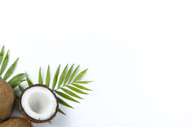 Hindistan cevizlerinin üst görüntüsü, kağıt üzerinde yarıya bölünmüş ve yarıya bölünmüş arka planda metin için bir sürü fotokopi alanı var. Tropik palmiye ağacının çiğ meyveli arka planı. Düz yatıyordu.