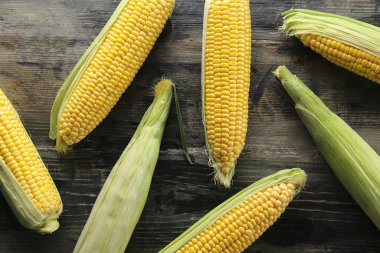 Koyu ahşap desenli masaya bırakılmış olgun çiğ mısır koçanları. Sağlıklı yaz yemekleri konsepti. Taze pişmemiş mısır koçanı. Temiz yeme alışkanlıkları. Arkaplan, üst görünüm, kapat, düzleştir, kopyala.